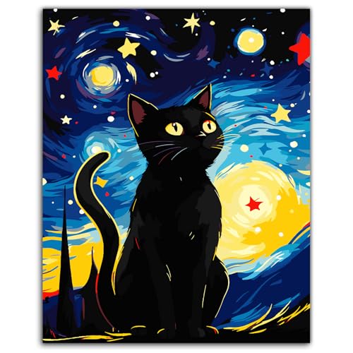 ZTOTZ Cats Paint by Number Kits for Adult,Black Cat Paining by Numbers Canvas, Kitten Adults' Paint-by-Number Kits Animal, 16x20 DIY Paints Numbers Kits Adults Starry Night - color: A-004-star cat