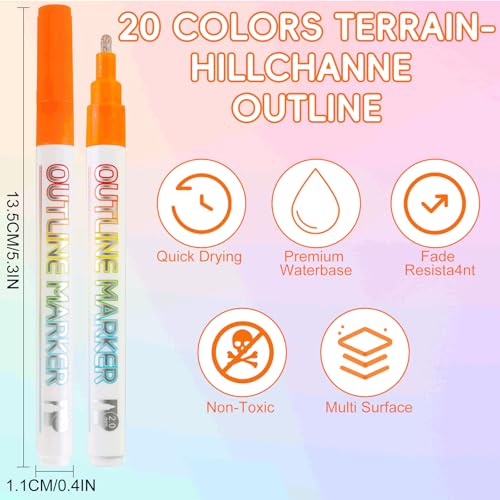20pcs Outline Marker, Marker Pen for Highlight, Dual-Line Highlighter Outline Marker Set, Metallic Paint Markers for Black Paper Pens Glitter Markers Scrapbook Supplies - size: 1 Count (Pack of 1)