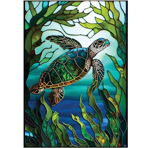 KTHOFCY 5D DIY Diamond Painting Kits for Adults Kids, Sea Turtle Stained Glass Full Drill Embroidery Cross Stitch Crystal Rhinestone Paintings Pictures Arts Wall Decor Painting Dots Kits 15.7X11.8 in