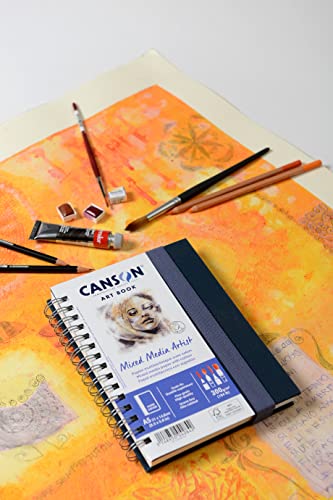 Canson Mixed Media Art Book, 5.8x8.3 inches, 56 Sheets, Blue Cloth Hardcover, Side Wire - Professional Artist Notebook for Painting, Sketching, Drawing - size: 5.8x8.3 inches