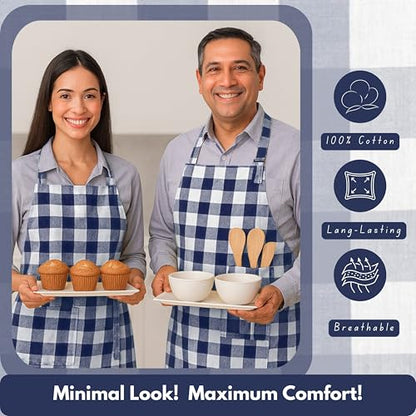 Native Fab Kitchen Apron 2 Pack - 100% Cotton Adjustable, Durable Apron with Pockets, Perfect for Cooking, Baking, Grilling - color: Buffalo, Navy Blue