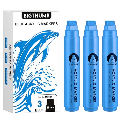 BIGTHUMB 3 Pcs Blue Jumbo Permanent Markers: 15mm Wide Tip Thick Acrylic Paint Pen Large Calligraphy Marker for Rock Painting, Poster, Sign, Canvas, Glass, Wood, Ceramic - color: Blue