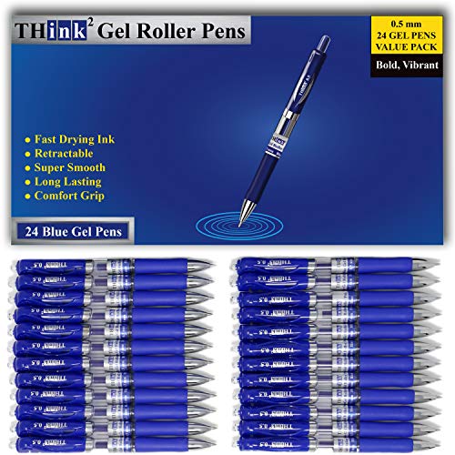 [24 Pens - Blue Ink] Think2 Retractable Gel Pens. (24 Blue) Fine Point (0.5mm) Rollerball Pens with Comfort Grip. - color: Blue