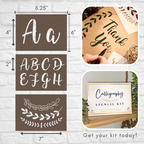 Boutique Calligraphy Stencil Template Kit | 45 Reusable Pieces | Lettering Upper, Lowercase, Large & Small | Numbers, Punctuation, Laurels and Flowers - For Arts Crafts Painting Wood (Calligraphy Kit) - style: Calligraphy Stencils