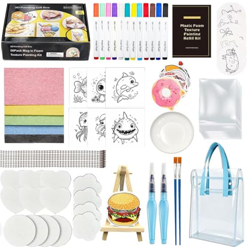 PGONEEE Magic Foam Texture Painting Kit, 80 Pieces 3D Arts and Crafts, Puffy Paint Set with 40 Foam Texture Paper, 12 Colors Brush Tip Acrylic Paint Markers, Gift for Adults Kids Birthday