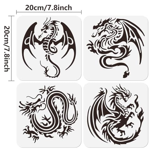 ORIGACH 4 Pcs Western & Chinese Dragon Stencils - 7.8x7.8 inch | Reusable Western & Chinese Dragon Large Stencils for Drawing, Painting on Wood, Canvas, Wall - style: Dragon