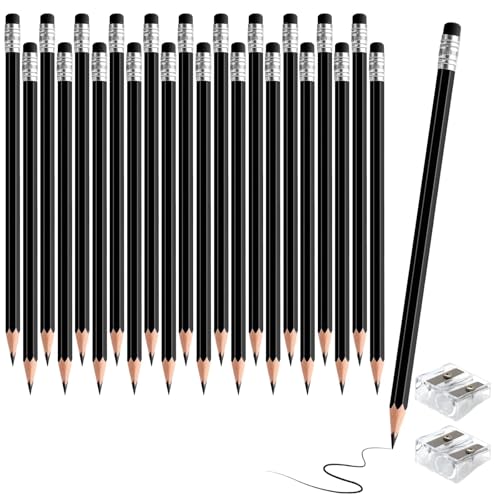 24PCS Erasable Colored Pencils with Eraser Pre Sharpened Pencil 2 HB - Ideal for Checking, Grading, Tests & Office/School Supplies (Black) - color: black