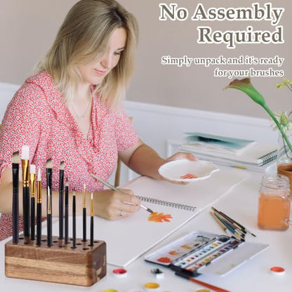 21 Holes Paint Brush Storage Organizer Wooden Paint Brush Holder Stand for Art Brushes Artist Brush Holder for Office Desk Craft Tool Holder 5.9 × 2.8 × 2.2 In