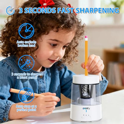 Electric Pencil Sharpener for Classroom, Auto-Stop, 3 Modes | Fast Sharpen in 3s, Rechargeable, Heavy Duty Blade, Suitable for No.2(6-8mm) Pencils, School/Home/Office - color: White