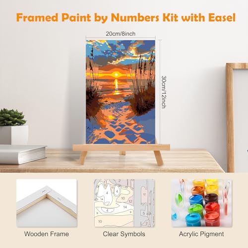 MOGTAA Landscape Paint by Numbers Kit for Adults Beginners with Frame, Beach Adult Paint by Number Kits on Canvas with Easel, Easy DIY Sunset Oil Painting Kits for Home Decor, 8x12in - color: Landscape2