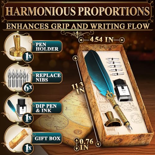 Lagarto Feather Pen and Ink Set, 11.4", 6 Steel Nibs, Inkwell (Blue) | Quill Pen and Ink Set, Beginner Calligraphy Dip Kit with Antique Handle, Gift Box; for Signatures, Letters and Vintage Decor - color: Blue