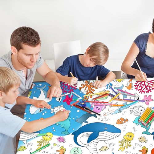 Giant Under The Sea Party Coloring Tablecloth for Kids - Huge Ocean Animals Theme Table Cover Large Under The Sea Shark Painting Poster for Children Birthday Party Supplies 54x108 Inch - color: Ocean