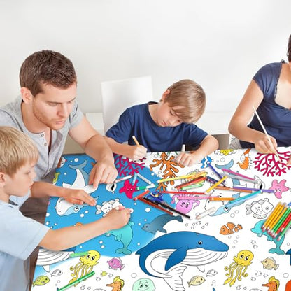 Giant Under The Sea Party Coloring Tablecloth for Kids - Huge Ocean Animals Theme Table Cover Large Under The Sea Shark Painting Poster for Children Birthday Party Supplies 54x108 Inch - color: Ocean