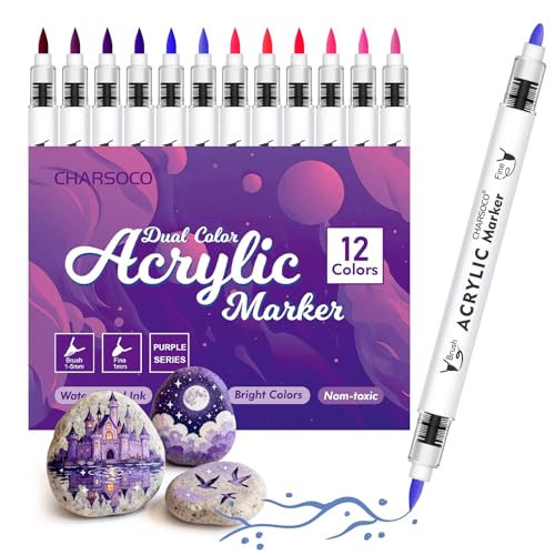 Purple Tones Acrylic Paint Pens, 12 Colors Markers Set with Soft Brush & Bullet Tip, for Rock, Painting, Wood, Glass, Ceramic, Canvas, Stone, DIY Crafts, Making Art Supplies, Fabric Paint - color: Purple