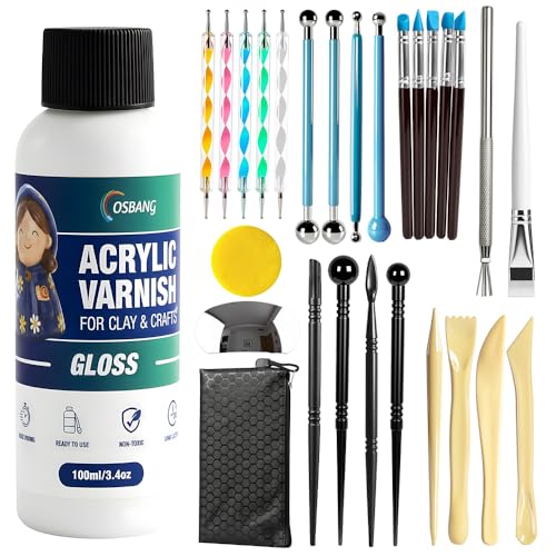 OSBANG Air Dry Clay Glaze and Tools Kit, 100ml Gloss Clear Varnish with 29-Piece Clay Sculpting Set, Protective Top Coat for Polymer Clay and Acrylic Paintings, for Crafting and DIY Projects - size: Gloss Glaze Tool Kit
