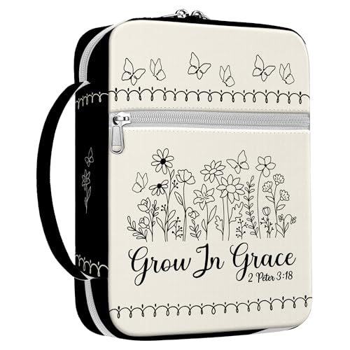 Grow In Grace Bible Cover for Women, Scripture Verse Canvas Bible Case with Handle and Zipper, Floral Butterfly Design, Fits Standard Size Bible, Christian Gift for Girls Mom Church Use - color: Christian Devotional