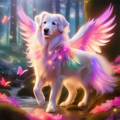 Angel Dog Diamond Art Kits for Adults, Golden Retriever Fantasy DIY Diamond Painting Kits Round Diamond Dots for Adults, 5D Full Drill Painting Kit Arts and Crafts for Home Wall Decor 13.8x13.8 Inch - color: Angel Dog