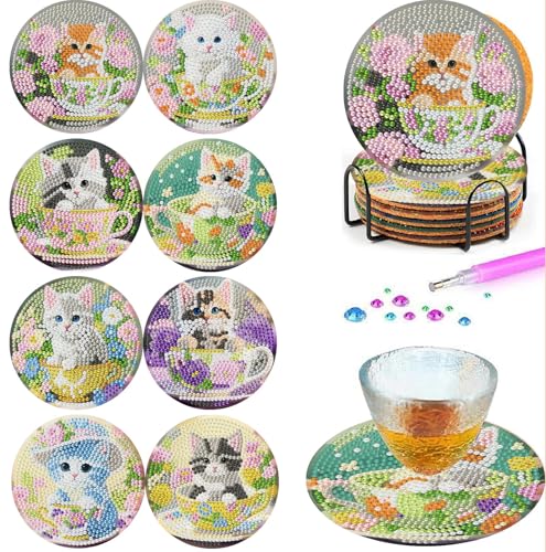 Mrnsiet 8PCS Cat Diamond Art Coaster Kits for Adults, DIY Cat Diamond Painting Coaster with Holder, Non Slip Hardwood Bases Coaster Set Gift for Beginners 4x4 Inch - color: Bdwy475-us