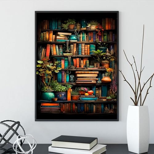 MjhRcll Stamped Cross Stitch Kits,Bookshelf Embroidery Starter Kit for Adult Beginners,Books Cross Stitch Kits for Adults 12×16 Inch - color: X1925