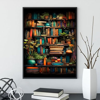 MjhRcll Stamped Cross Stitch Kits,Bookshelf Embroidery Starter Kit for Adult Beginners,Books Cross Stitch Kits for Adults 12×16 Inch - color: X1925