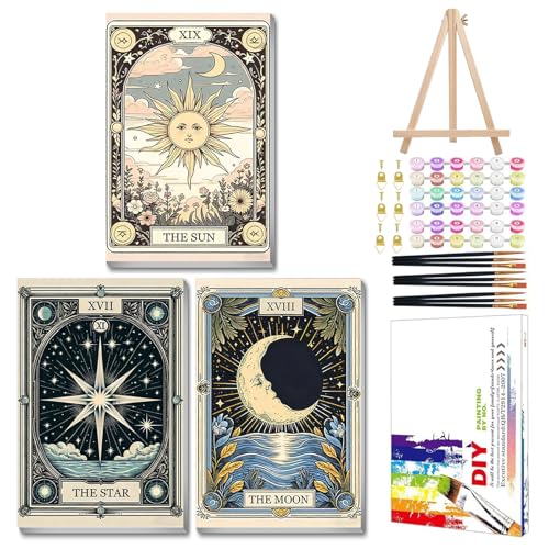 Tarot Paint by Numbers Kit for Adults with Frame, 3 Pack, 7.8x11.8 inch | DIY Painting Kits Crafts for Adults, Relieve Stress, Frame Canvas, Wooden Easel, Gift Box, Home Wall Decor - color: 3 Pack Tarot