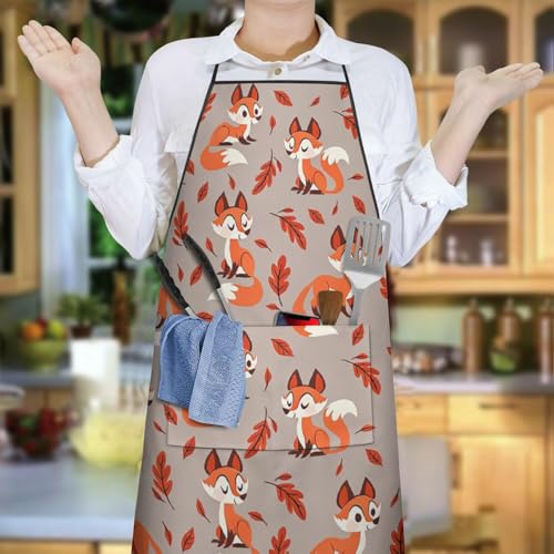 Apron with 2 Pockets,Kitchen Chef Artist Aprons for Cooking Gardening Baking Painting, Waterproof Apron 33" x 27" - color: Fox