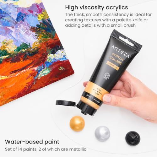 ARTEZA Acrylic Paint Set of 14 Colors, 4.06 Ounce Tubes, Non- Acrylic Artist Paints. Art Supplies for Painting - style: 14 Pack