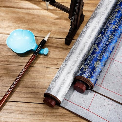 Jaloro Chinese Calligraphy Water Writing Cloth Set, 6 Pcs | No Ink Reusable Practice Scroll Canvas with Brushes and Water Dishes for Beginners