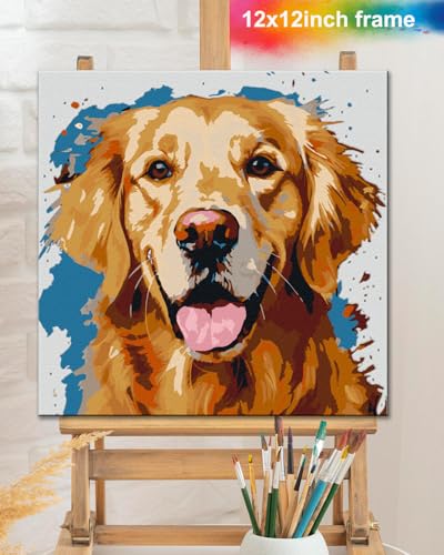 TOCARE Framed Paint by Numbers Kit for Adults & Kids Ages 8-12, 12x12Inch Dog Paint by Numbers with Frame, Golden Retriever Paint by Number Framed Canvas for Puppy Lovers (Without Easel) - color: TC-F-346
