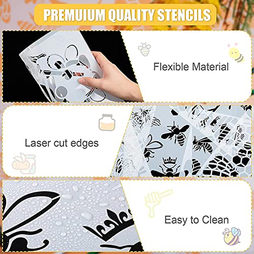 Bee Theme Stencils 6PCS - Reusable Honeycomb & Sunflower Painting Templates for DIY Wall Art, Furniture Painting, Floor Decor | PET Craft Stencils for Home Projects (11.7x8 Inch) - style: Bee