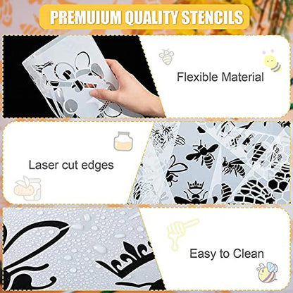 Bee Theme Stencils 6PCS - Reusable Honeycomb & Sunflower Painting Templates for DIY Wall Art, Furniture Painting, Floor Decor | PET Craft Stencils for Home Projects (11.7x8 Inch) - style: Bee