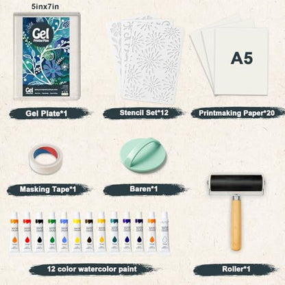 DINGSEN Gel Printing Plate Kit, Printmaking Set for Artists & Crafters | 5”X7”Gel Plate,Brayer, Watercolor Paints, A5 Printmaking Paper,and Essential Tools,for Mixed Media Art, Monoprinting