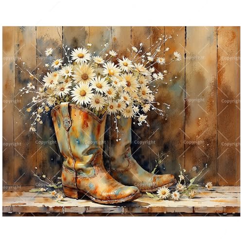Still Life Paint by Numbers Kit for Adults - DIY Cowboy Boots Filled with White Daisies Painting on Canvas, Acrylic Paint Set, Suitable for Beginners, for Home Decoration or Gifts(8X12IN Framed) - color: TCXY05711, size: 8X12IN Framed