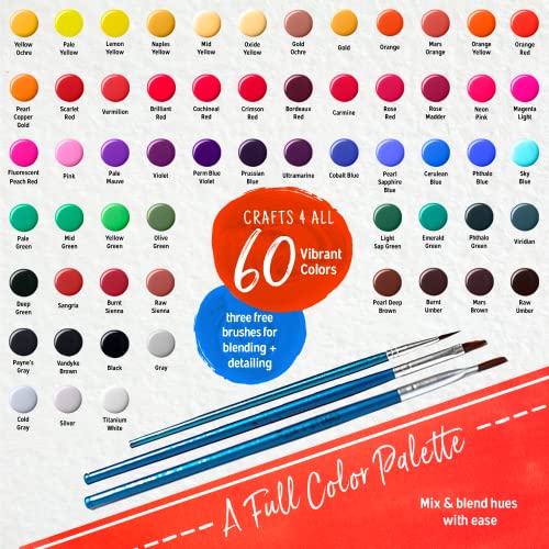 Crafts 4 All Acrylic Paint Set for Adults and Artists - 60 Pack of 12mL Paints with 3 Art Brushes, Non-Toxic Craft Paint for Easter Eggs, Ceramic Rock - Art Supplies - size: 0.38 Fl Oz (Pack of 63)