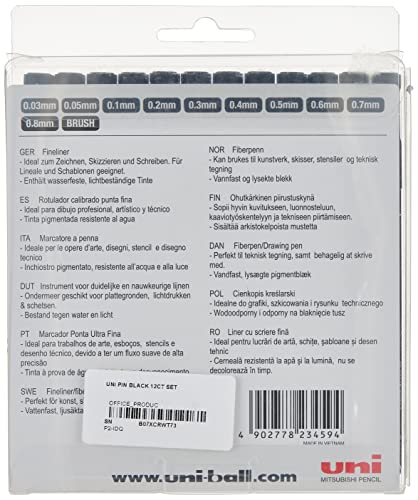 UNI PIN FINELINER DRAWING PEN SET 12 BLACK