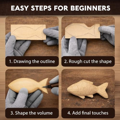 Complete Wood Carving Kit for Beginners - Gift Ready Complete Tools Set | Whittling Kit with 8 Wood Carving Knives, Spoon Carving Tools, Wood Blocks, Gloves, Roll Bag and Sharpening Strop