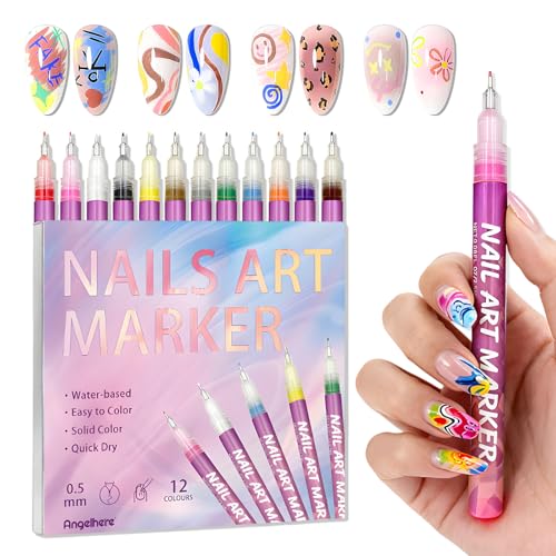 Nail Art Marker Pens, 12 Colors Fine Tip 0.5mm Nail Art Marker Pens for Detailing, Line Drawing & Dotting, DIY Nail Design Kit for Salon & Home Manicure - color: Multicolor D