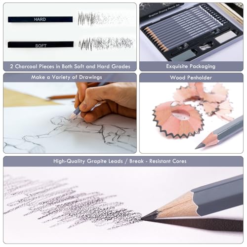 HNIHUY Sketch Drawing Pencils Set, 17 Pcs, Graphite Pencils (8B-4H) | Sketch Pencils for Drawing Art, Erasers and Sharpener, Art Drawing Pencil for Artists Beginner Sketching