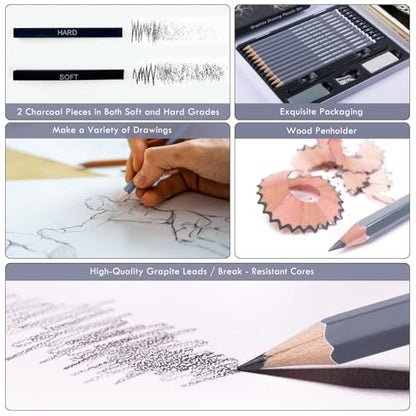HNIHUY Sketch Drawing Pencils Set, 17 Pcs, Graphite Pencils (8B-4H) | Sketch Pencils for Drawing Art, Erasers and Sharpener, Art Drawing Pencil for Artists Beginner Sketching