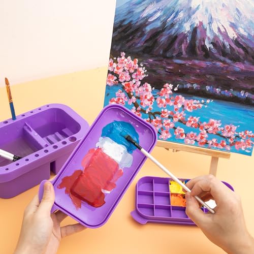 MyLifeUNIT Paint Brush Cleaner, Paint Brush Holder with Palette, Purple | 18 mixing wells, 16 slots fitting 0.24-0.63 in diameters, 3 washing compartments, removable tray lid - color: Purple