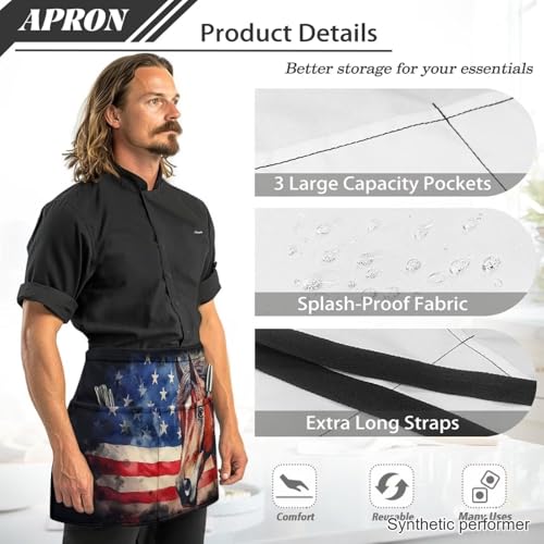 Waist Apron with 3 Pockets Waterproof 13 Inch Short Half Waist Aprons Women Men Server Aprons Waitress Waiter Apron - color: American Flag Horse