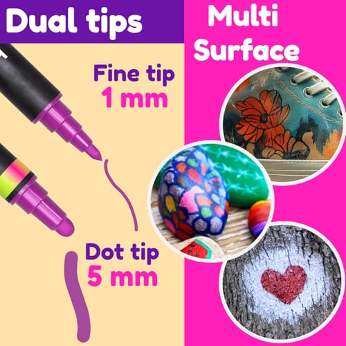 CHALKY CROWN Dual Tip Acrylic Paint Markers - Assorted - 24 Pack | Dual Fine & Dot Tips for Rock Painting, Wood, Fabric & Glass - Water-Based Non-Toxic Ink - Vibrant Assorted Colors - style: 6mm - 24 Pack