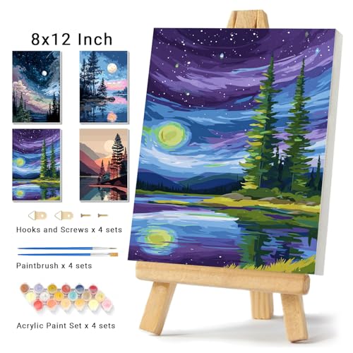4 Pack Framed Paint By Numbers Kit for Adults Beginner Starry Night Adult Paint By Number Kits on Canvas Landscape Painting By Numbers for Adults with Frame Diy Painting Kits for Home Wall Art 8x12 In - color: NZT0912, size: 8x12 Inch