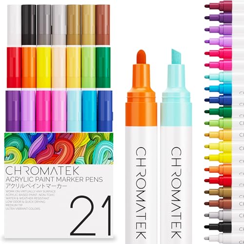 CHROMATEK Dual Tip Acrylic Paint Markers - 21 Colors Premium Paint Pens for Canvas, Rock Painting, Glass, Wood, Ceramic, DIY Crafts Art Supplies - Waterproof, Quick Drying with Video Tutorials & Ebook - color: 21 Acrylic Markers