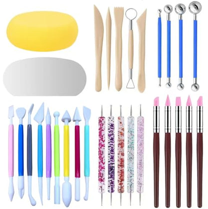 30Pcs Clay Sculpting Tool Set, Polymer Clay Kit with Silicone Sculpting Brushes, Wooden Carving Tools, Ball Stylus, Dotting Pens & Smoothing Sponge, Multi-Function Craft Tools for Pottery, Ceramic - color: 30Pcs
