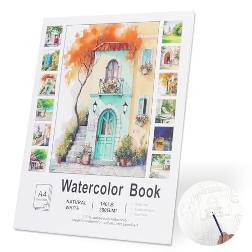 RGBMIX 12 Sheets Watercolor Paper Book 9x12'' Cotton 140lb/300gsm Watercolor Journal Pre-Printed Cozy Line Art of Coffee Shop, Bookstore, Couples, Tram, Street Reading Nook for Watercolor & Acrylic - color: Lazy Time
