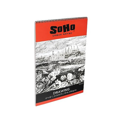 SoHo Urban Artist Softcover Drawing Pad - 12"x18", 12 Pack w/288 Sheets Total - 92 lbs/150gsm, Mixed Media, Dual-Sided, Acid-Free, Wire-Bound, Micro-Perforated, Repeated Erasing & Reworking - size: 12"x18"
