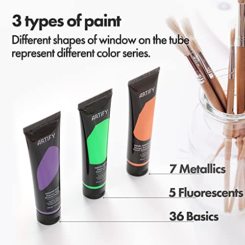 ARTIFY Acrylic Paint, Set Of 48 Color (1.29 oz, 38ml) with a storage box, Rich Pigments, Non Fading, Non Toxic Paints for Artist, Hobby Painters & Kids, Art Supplies for Canvas Painting - color: 48 Colors