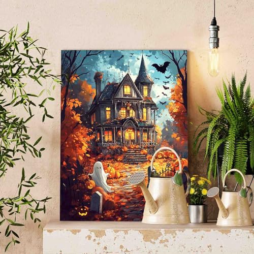 Halloween Spooky Castle Scenery Paint by Number Kit 16 x 20 inch Canvas Pumpkins Bats Witch Halloween DIY Oil Painting for Adults Beginner with Brushes and Acrylic Pigment-Witch's Night(without Frame) - color: Pbn Halloween 09, size: 16''x20''(Frameless)
