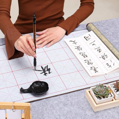 MEGREZ Reusable Water Writing Calligraphy Cloth Set No Ink Practice Kit | 32 grids, 4pcs set, brush pen & water dish, copy template, multi color options, mess-free, calligraphy practice - color: Yellow